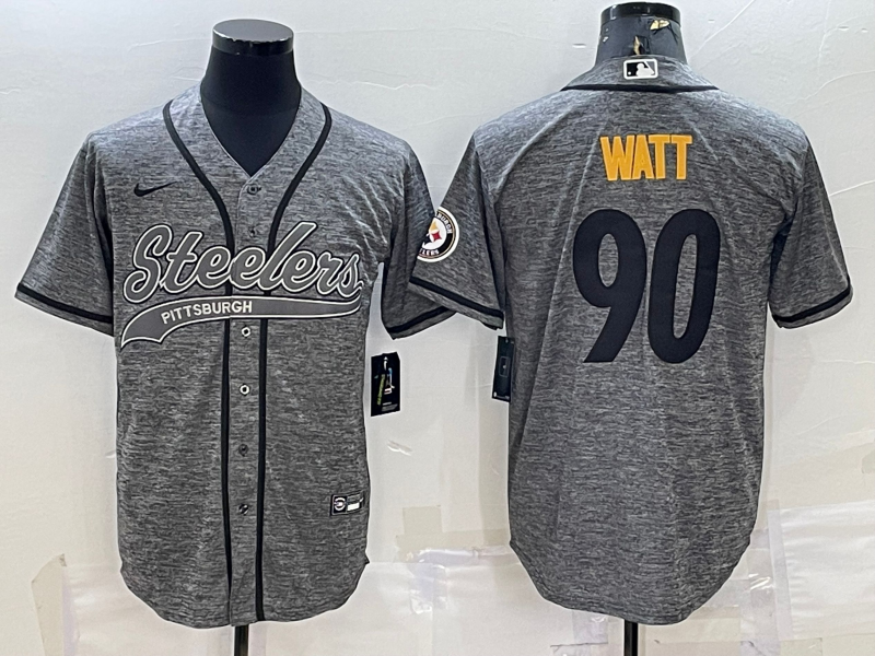 Men's Pittsburgh Steelers #90 T.J. Watt Grey With Patch Cool Base Stitched Baseball Jersey